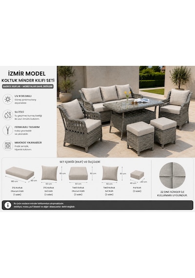 Rattan Bahçe Ve Balkon Takımı 3+1+1 Minder Kılıfı Seti Açık Gri