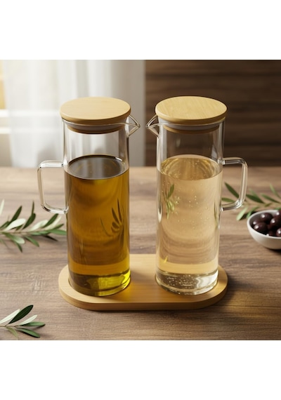Deconox 2'li Şeffaf Cam Yağdanlık Ve Sirkelik Seti - Bambu Kapaklı Ve Özel Standlı Masaüstü Yağlık 190 Ml Diğer