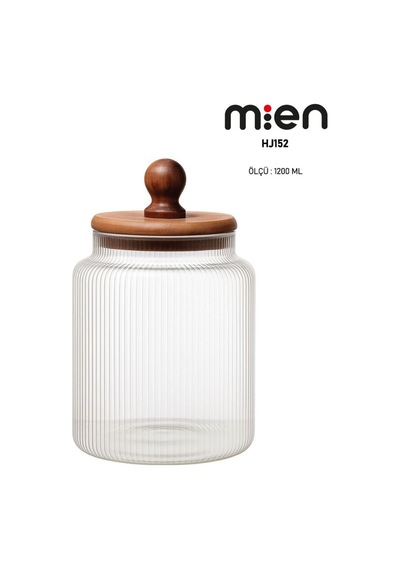 Mien Akasya Kapak Ball Cam Kavanoz 1200ml Ahşap - Şeffaf