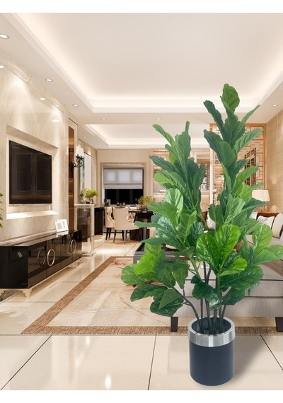 Yapay Ağaç Keman Yapraklı Kavuçuk Yeşil Salon Bitkisi Siyah Gümüş Galvaniz Saksıda 140cm