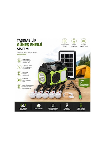 Gd-8072 Bluetooth Hoparlör Solar Güneş Enerjili Kamp Lambası Sd Kart Usb Girişli Fm Radyolu Mp3 Çalar Powerbank Özellikli Solar Sistem Siyah