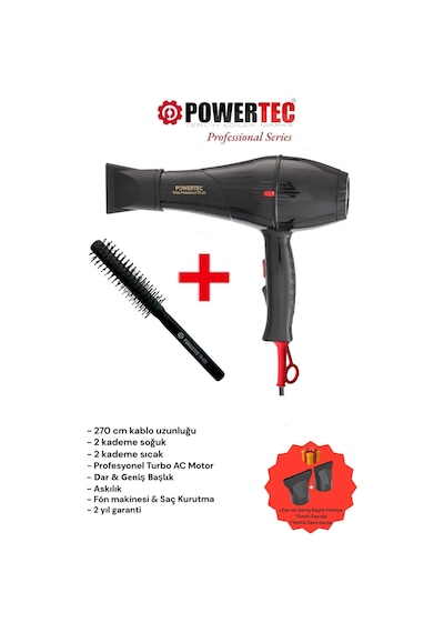 Powertec TR-701 Profesyonel Fön Makinesi + Profesyonel Berber Fön Fırçası Siyah