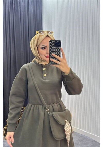 Neşeli Butik Kadın Haki Gold Düğmeli Çanta Detaylı Tam Boy Tesettür Elbise Nms077