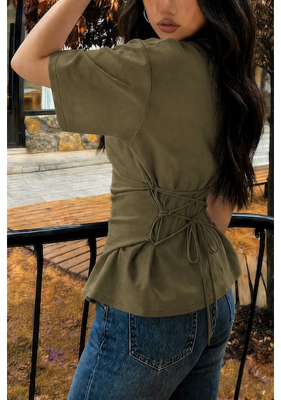 Kadın Bağcıklı Basic Tişört Belden Oturtmalı Şık Ve Modern Tasarım Haki
