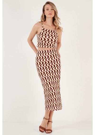Lela Slim Fit Ip Askılı Yırtmaçlı Bayan Takım 5865278 Kahve-Beyaz