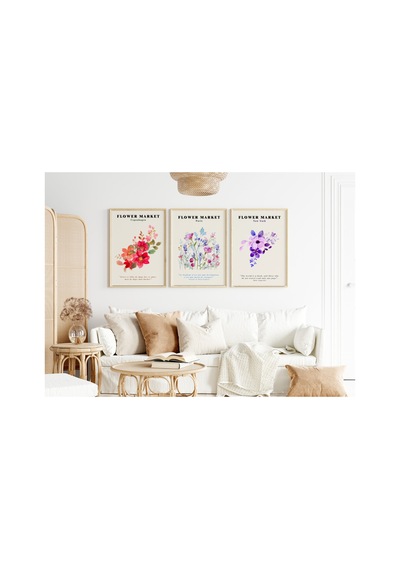 Çerçeveli Çiçekli 3'lü Tablo Seti - Modern Flower Market Tablo Seti - Salon Tablo Seti Beyaz - 669656494 Beyaz