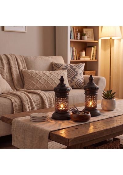Beyaz Geometrik Metal Fener Selçuklu Yıldızı Çay Feneği Tutucu Minimalist Fas Mum Dekorasyonu Siyah