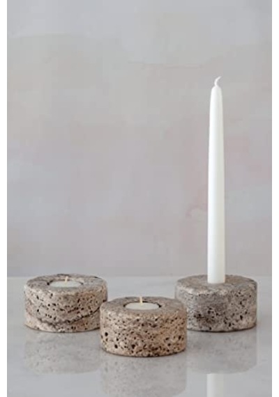 Traverten Mermer Şamdan Mumluk 3lü Set Silver Dark Çok Renkli