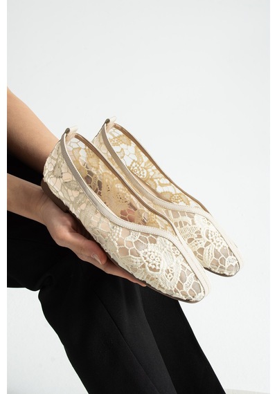 Dabab Shoes Florıa Dantel Kadın Krem Düz Babet Dantel Dokuma Çiçek Desenli Zarif Günlük Ayakkabı Ekru