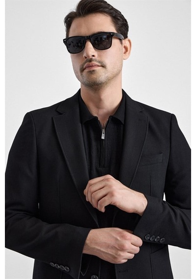 Süvari Siyah Slim Mono Yaka Düz Torba Cep 6 Drop Takım Elbise Tk1006900401-s09