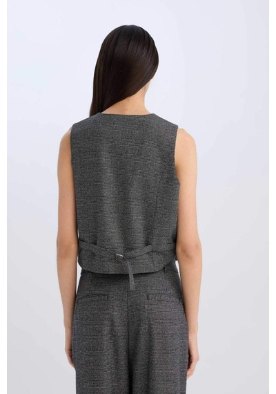 DeFacto V Yaka Kareli Düğmeli Blazer Yelek D8634AX24AUAR104 Antrasit