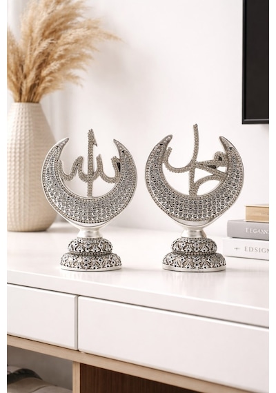 Taş İşlemeli Gümüş Biblo Allah & Muhammed S.a.v Hilal Taşlı Figürlü Masa Üstü Biblo 2 Li Set 20 Cm Gri