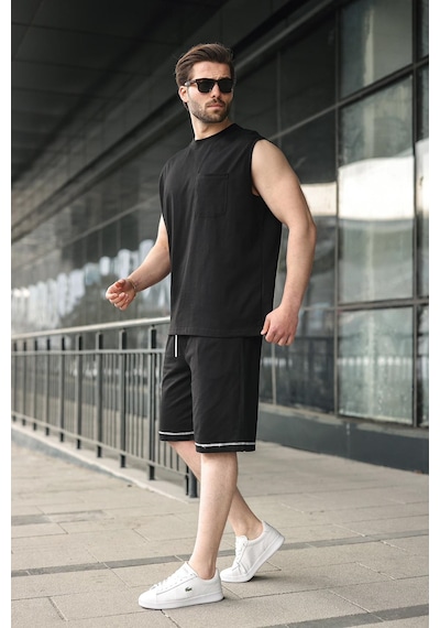 Madmext Siyah Bisiklet Yaka Kolsuz Erkek Şort T-shirt Takım E7351 Siyah