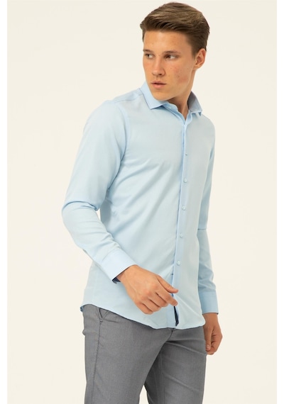 Süvari Buz Mavi Slim Fit Armürlü Klasik Yaka Gömlek Buz Mavi