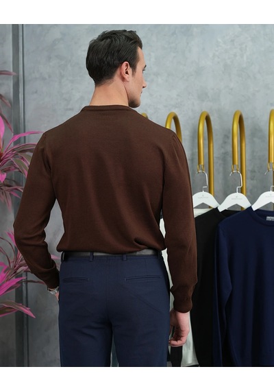 Modefendi Slim Fit Kalıp Pamuk Likra Sade Bisiklet Yaka Triko Kazak Kahverengi