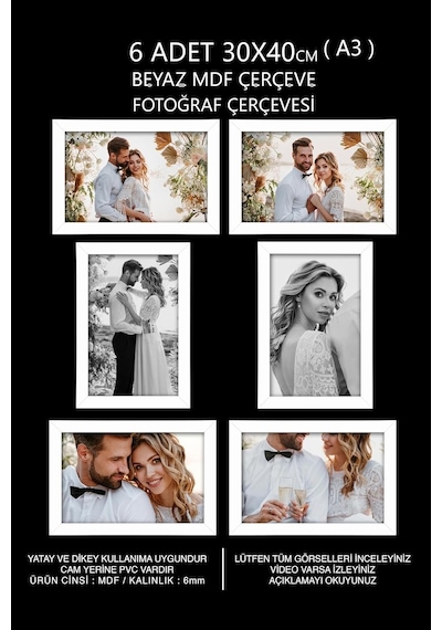 Yhfoto 6 Adet 30x40 Siyah Mdf A3 Çoklu Fotoğraf Siyah