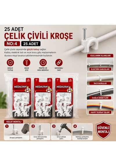 Medalyan Dl-40 Çelik Çivili Kroşe No 4 - 25'li Paket 0 - 10 CM