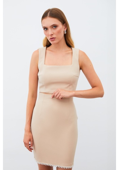 Sateen Kare Yaka Crop Bluz - Camel-134916