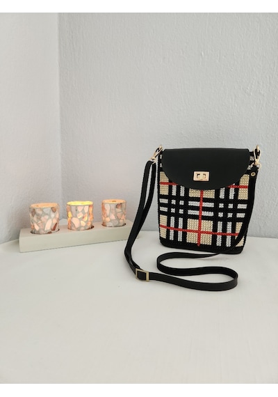 Burberry Desen, Kanvas İşleme, Handmade Renkli, Kadın Mini Çanta Siyah