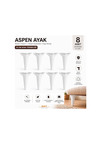 İMT AKSESUAR Aspen 18 Cm Beyaz 8'li Set Beyaz Koltuk Baza Dolap Tv Ünitesi Yatak Odası Konsol Ayağı