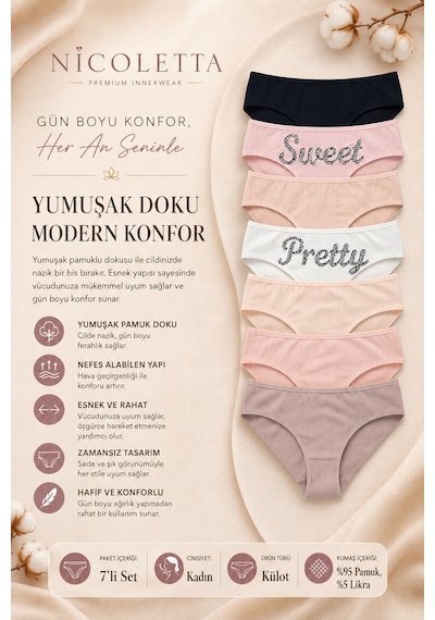 Nicoletta Kadın Külot 7 Li Paket Likralı Pamuklu Kaşkorse 713186 Çok Renkli
