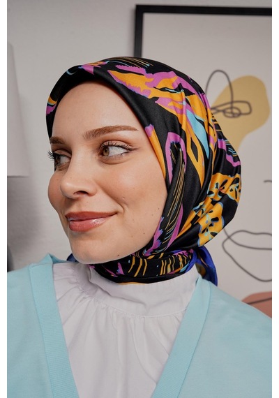 Afvente Yaprak Desen Lacivert Soft Pamuk Eşarp