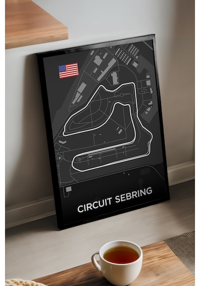 Circuit Sebring Pist Haritası Siyah Ahşap Çerçeveli Poster, Dekoratif Harita Duvar Tablosu