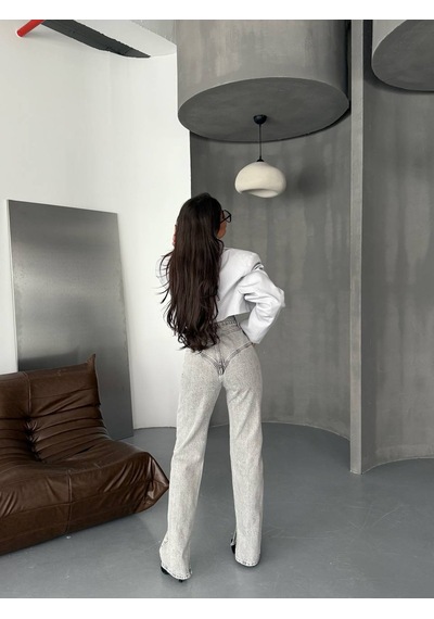 Herton Kadın Yüksek Bel Mugler Dikiş Detaylı Jean Pantolon - Paçası Yırtmaçlı, %100 Pamuk Gri