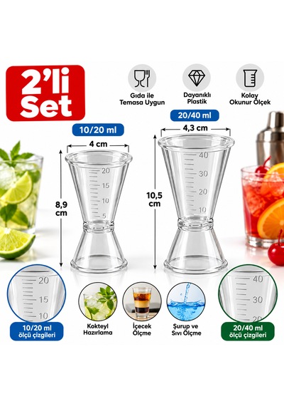 Polikarbon Kokteyl Ölçü Kabı Jigger 2 Li Set 10/20 Ml + 20/40 Ml
