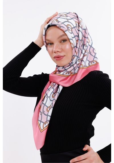 Tarzını Seç Zincir Desenli Pudra Pembe Şifon Saten Eşarp - 100x100 Cm