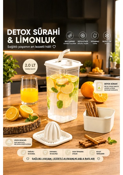 Porsima 1110 Detoks Sürahi & Limonluklu Matara Şeffaf-beyaz 2 Lt