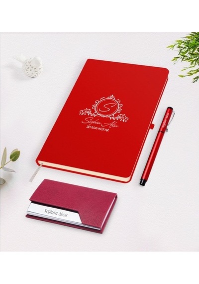 Kişiye Özel Isimli Kırmızı Defter Kalem Kartvizitlik Hediye Seti- (505048605)