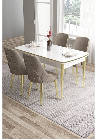 Canisa Tia Serisi 80x132 Açılabilir Mdf Beyaz Gold Detay Yemek Odası Takımı Ve 4 Cappucino Sandalye Masa Beyaz Sandalye Cappucino Canisa Tia Serisi 80x132 Açılabilir Mdf Beyaz Gold Detay Yemek Odası Takımı Ve 4 Cappucino Sandalye Masa Beyaz Sandalye Cappucino