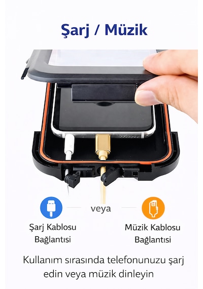Motosiklet İçin Su Geçirmez Telefon Tutucu Ayna Bağlantılı Şarj Girişli Ve Kulaklık Girişli Beyaz - Siyah