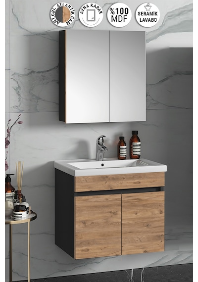 Çiğdem 55 Cm Antrasit Gri Mat-Atlantik Çam Mdf Seramik Lavabolu A Antrasit - Atlantik Çam
