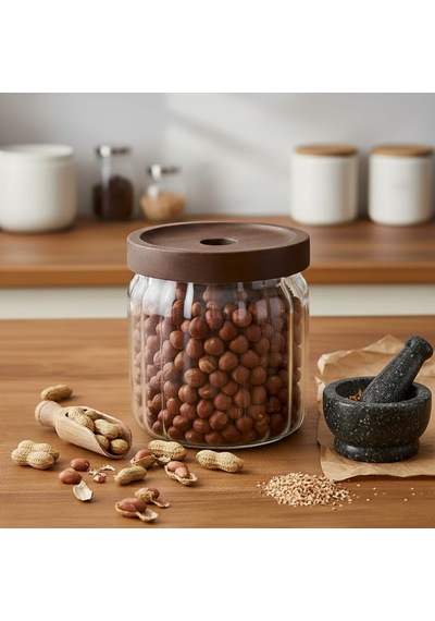 Ayrex Deconox Akasya Kapaklı Çizgili Cam Kavanoz 450 Ml / Hava Geçirmez, Modern Fitilli Tasarım Gıda Saklama Kab Genel