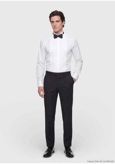 Ramsey Beyaz Düz Slim Fit Duble Manşet Smokin Gömlek beyaz white