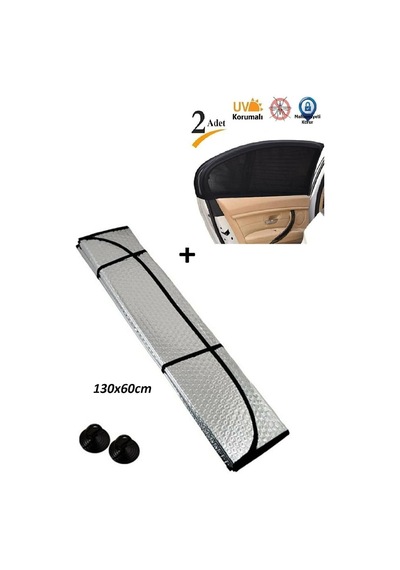Ön Cam Balonlu Kalın Güneşlik 130x60 Cm + 2 Adet Arka Yan Cam Güneşlik Perde Sineklik Set Standart