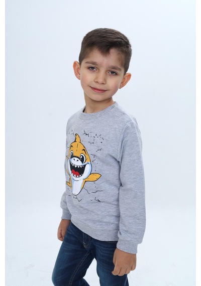 Toontoy Kids Toontoy Erkek Çocuk Çıtçıtlı Köpek Balığı Baskılı Sweatshirt Gri Melanj