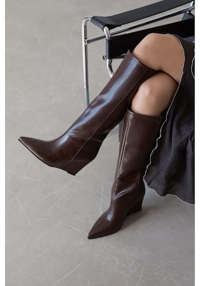 Wolk Shoes Glow Kadın Dolgu Topuk Deri Çizme Kahverengi - 939907415 Kahverengi