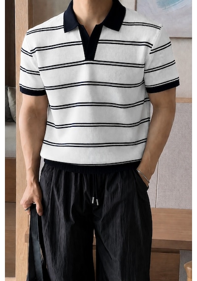 Tarz Cool Erkek Çizgili Polo Yaka Viskon Triko Tişört Slim Fit Yazlık Şık Triko Polo Beyaz