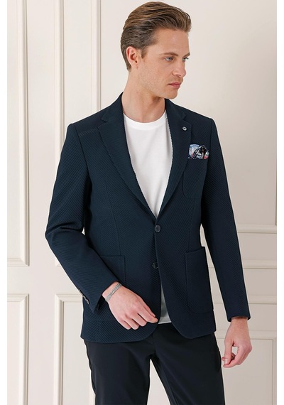 Efor Comfort Fit Torba Cep Şeritli Dokuma Pamuk Casual Lacivert Ceket C 670 Lacivert