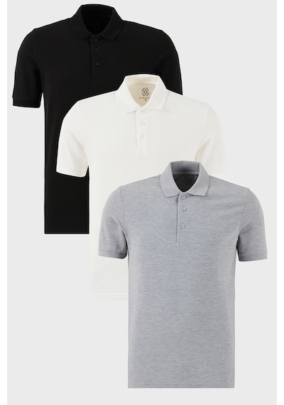 Buratti Pamuklu Regular Fit Düğmeli Polo Yaka 3'Lü Paket Erkek T Shirt 5902127S3 Siyah-Beyaz-Gri Melanj