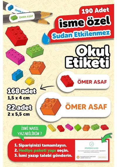 Okul Etiketi Kalem Defter İsimli Etiket Isim Yazılabilen Legos - 190 Adet Özel Tasarım Etiket Çok Renkli