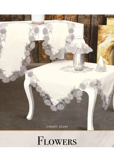 Bej Çeyizlik Flowers Model 5 Parça Keten Dantelli Salon Takımı Runner Seti No 255