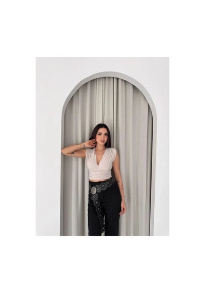 Butik İstanbul Vatkalı Kolsuz V Yaka Drapeli Crop Bluz Likralı Fit - Boyalı Gri