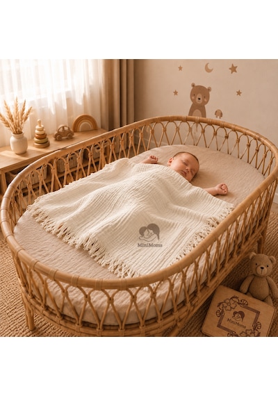 Minimoms %100 Pamuk 4 Katlı Müslin Bebek - Çocuk Battaniyesi 100x120 CM Yumuşak Yenidoğan Kız ve Erkek Bebek Örtüsü Ekru