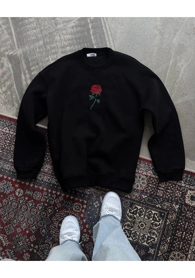 Mbb E-ticaret Kadın Oversize Kapüşonlu Cepli Gül Baskılı 3 İplik Pamuklu Hoodie Sweatshirt - Siyah