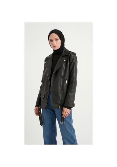 Meecy Kadın Oversize Biker Tesettür Deri Ceket Siyah Siyah
