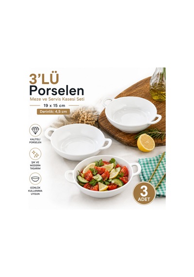 3 Lü Porselen Oval Kulplu Meze Ve Servis Kasesi Seti 19x15x4,5 Cm Şık Sunum Tabakları Beyaz - 757284366 Beyaz